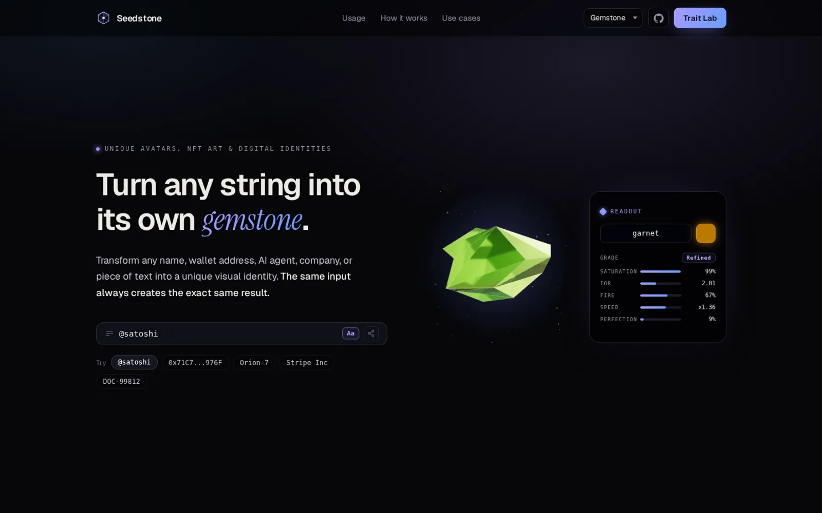 Seedstone on a computer: @satoshi as a gemstone, with a readout of its traits