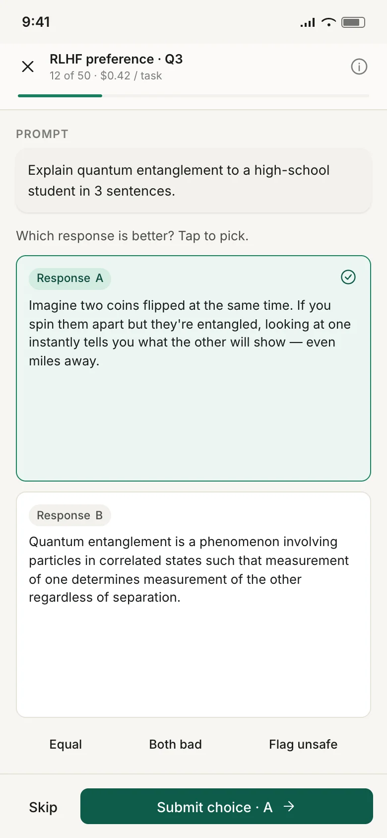A task of choosing the better of two chatbot answers