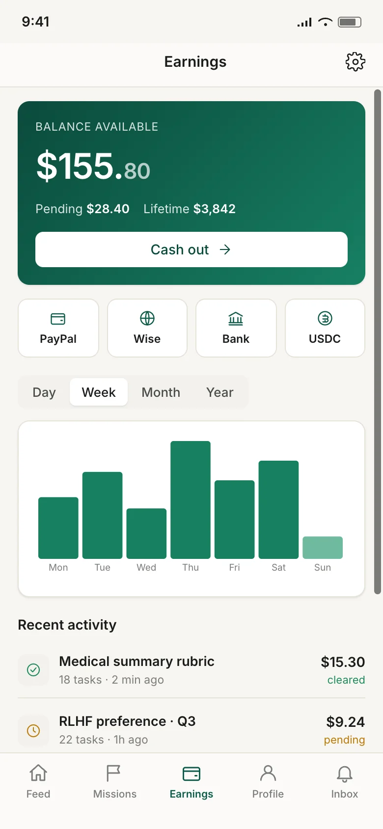 The earnings screen with the week's balance and a chart of the days