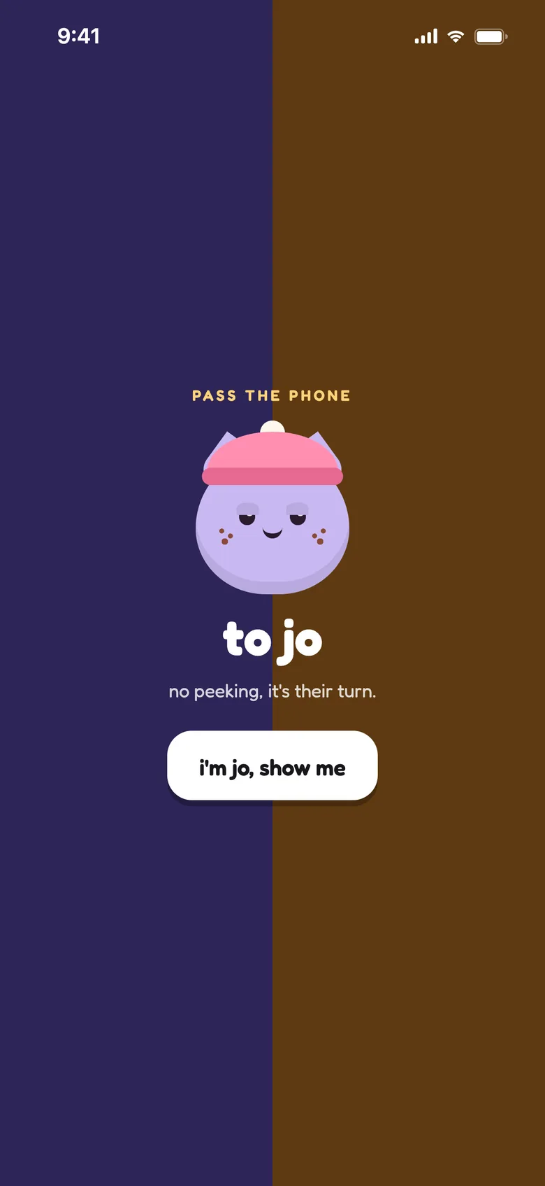 The pass-the-phone screen, naming the next player