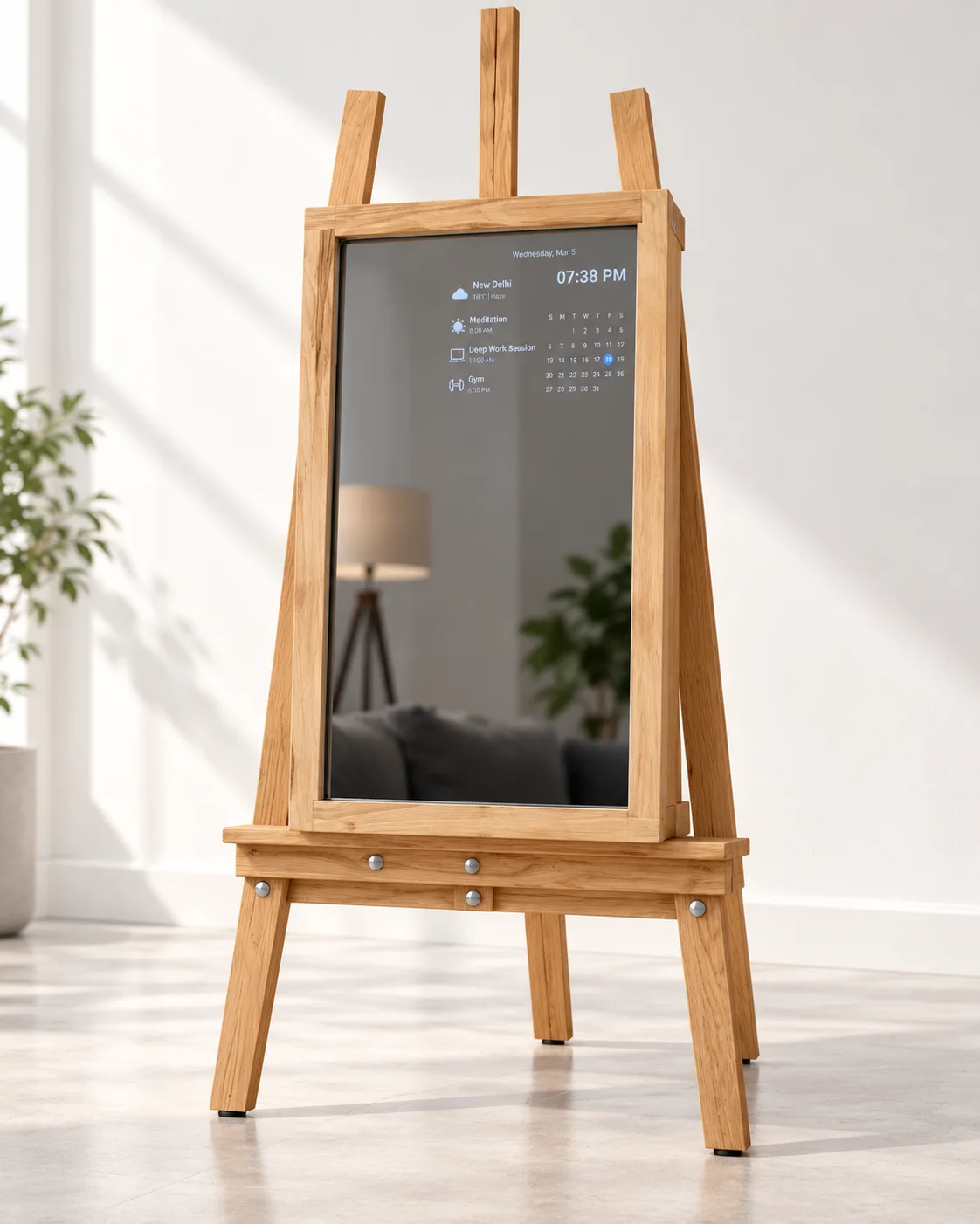 The same mirror seen at an angle, in a bright room